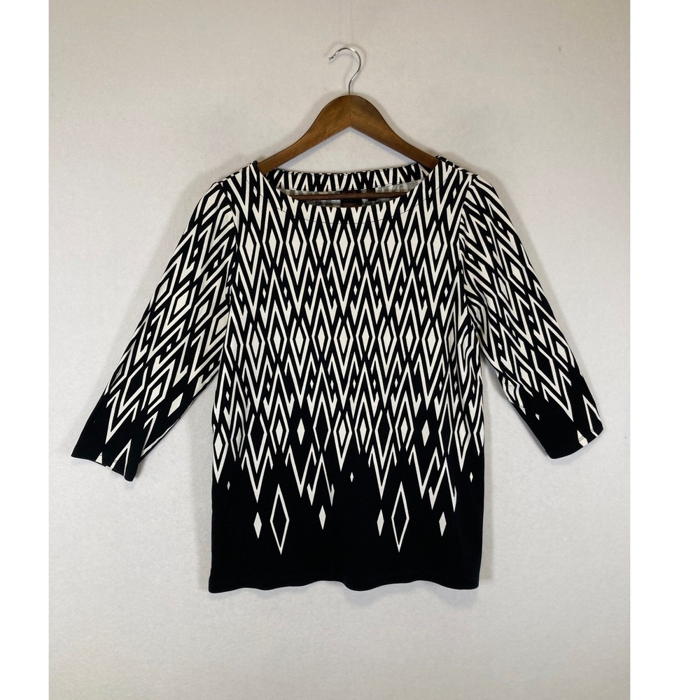 Geometric Mod Rafaella Women Large Black White 3/4 Sleeve Cotton Boat Neck Top
